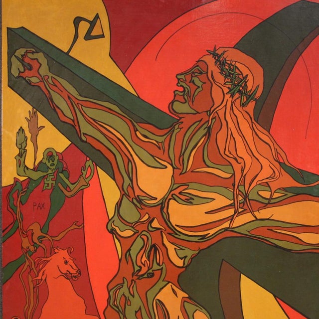 Textile Italian Artist, Surrealist Crucifixion, 1980, Mixed Media on Canvas For Sale - Image 7 of 16