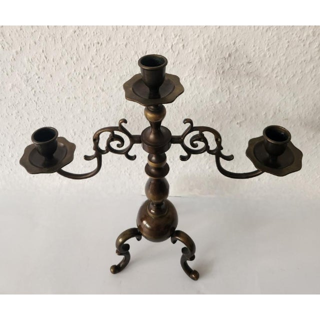 Metal Antique Three-Armed Candlestick in Bronze, 1960s For Sale - Image 7 of 18