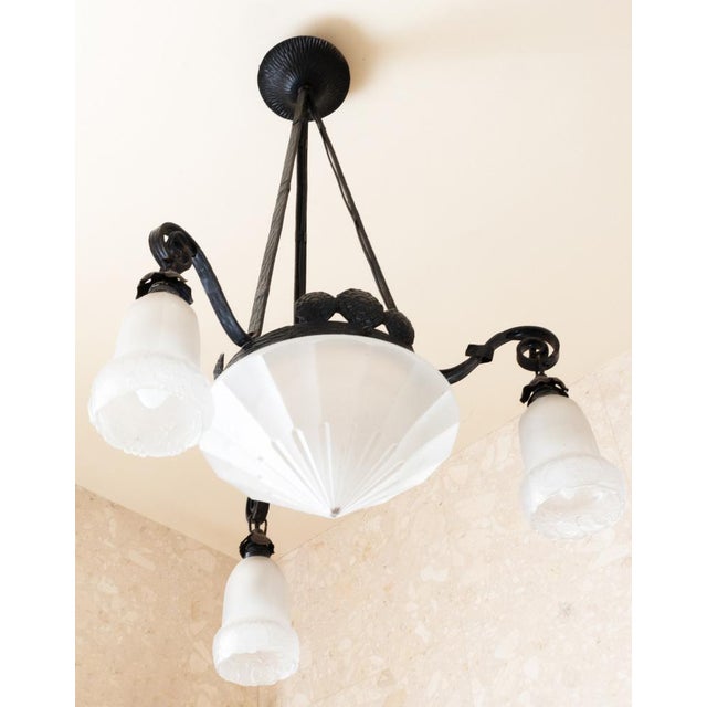 French Provincial Wrought Iron Ceiling Light with Frosted Glass, 1900s For Sale - Image 4 of 8
