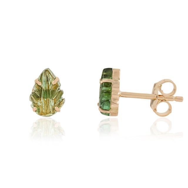 VR Jewels Modern 1.6ct Carved Green Tourmaline Leaf Stud Earrings in 14k Yellow Gold- 2 Pieces For Sale - Image 4 of 14