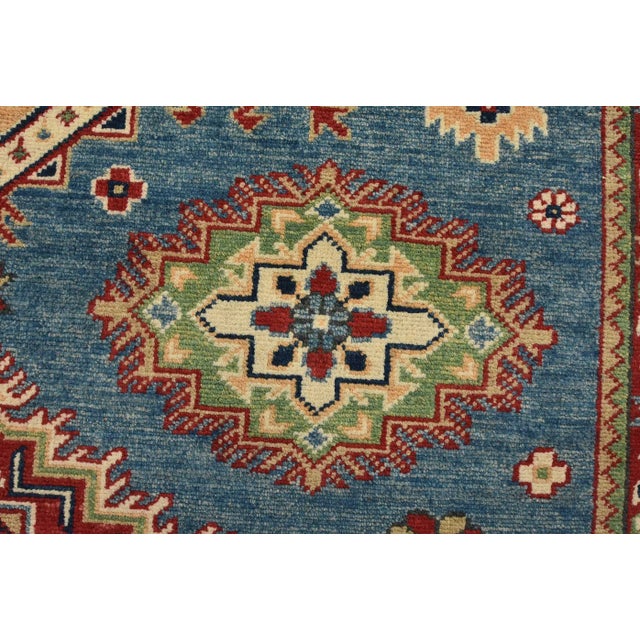 Kazak Rug 5′ X 6’8” Blue Wool Tribal Hand-Knotted Oriental Carpet For Sale - Image 4 of 12