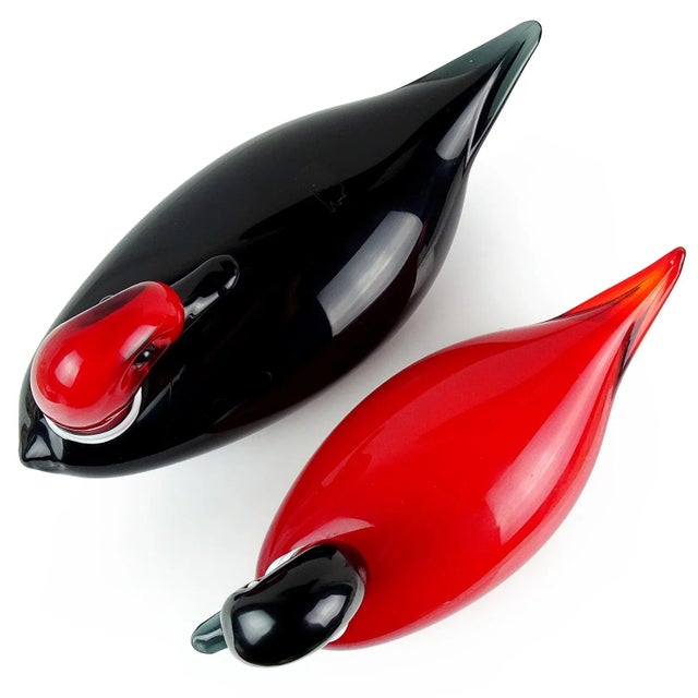 Glass Vintage Murano Red Black White Italian Art Glass Male Female Decoy Duck Bird Sculptures - A Pair For Sale - Image 7 of 9