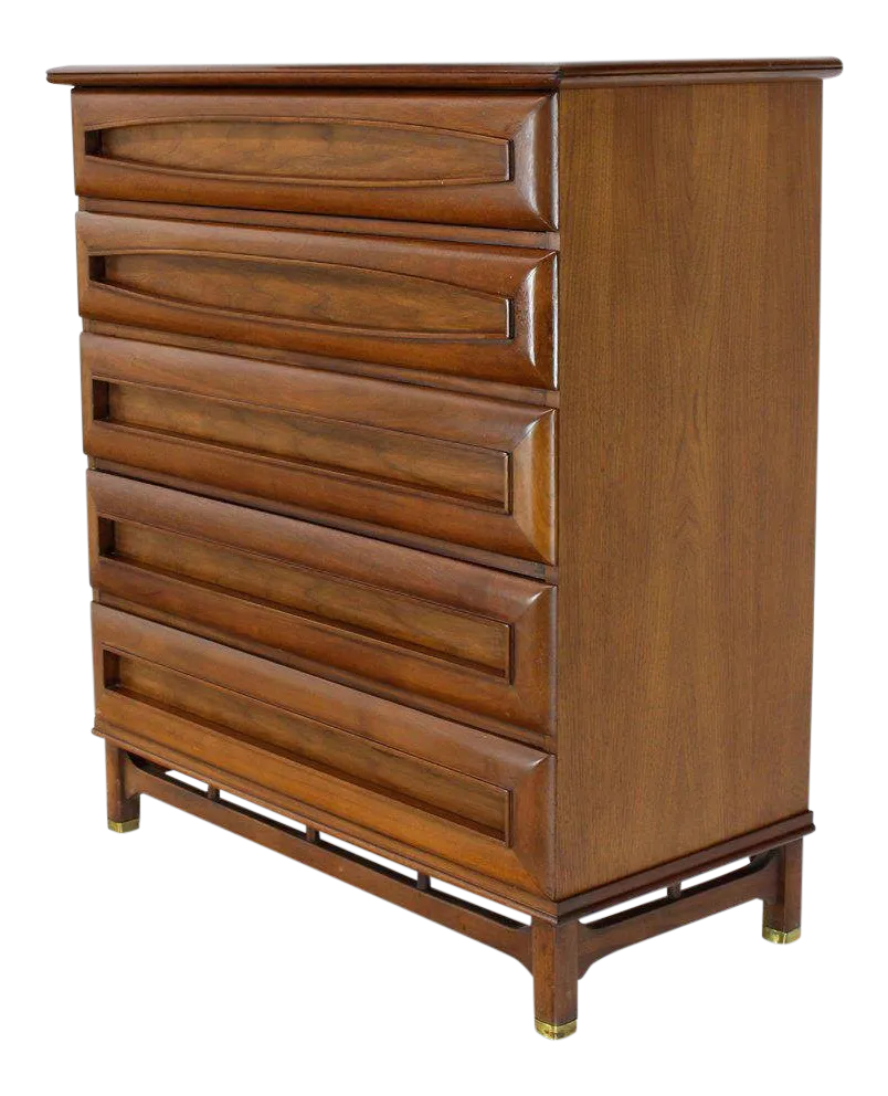 1970s Mid-Century Modern Thick Carved Solid Walnut Panels Design 5-Drawer  High Chest Dresser | Chairish