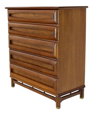 1970s Mid-Century Modern Thick Carved Solid Walnut Panels Design 5-Drawer High Chest Dresser