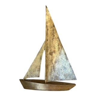 Vintage Large Mid Century MCM / Coastal/ Nautical Aged Brass Sailboat / Boat For Sale