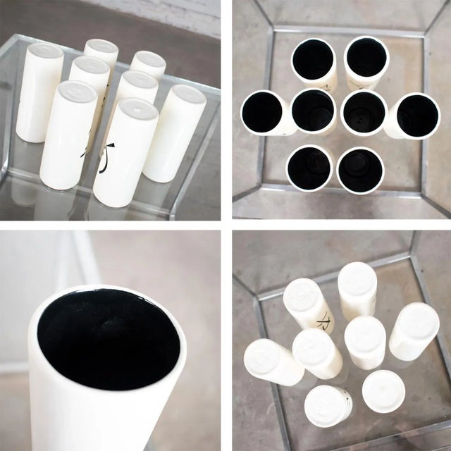 Vintage Mid-Century Modern Tumblers or Vases Ceramic White & Black With Asian Symbols, Set 8 For Sale - Image 12 of 13