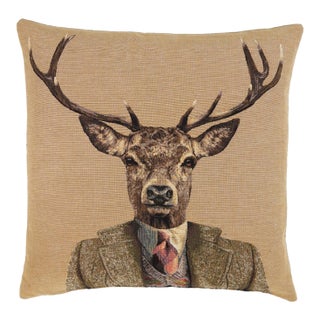 City Stag Tapestry Cushion With Feather Filler - 46x46cm (18"x18") For Sale
