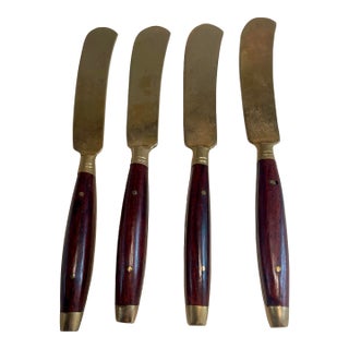 Mid 20th Century Rosewood & Brass Individual Butter Cream Desert Knives Set of 4 For Sale