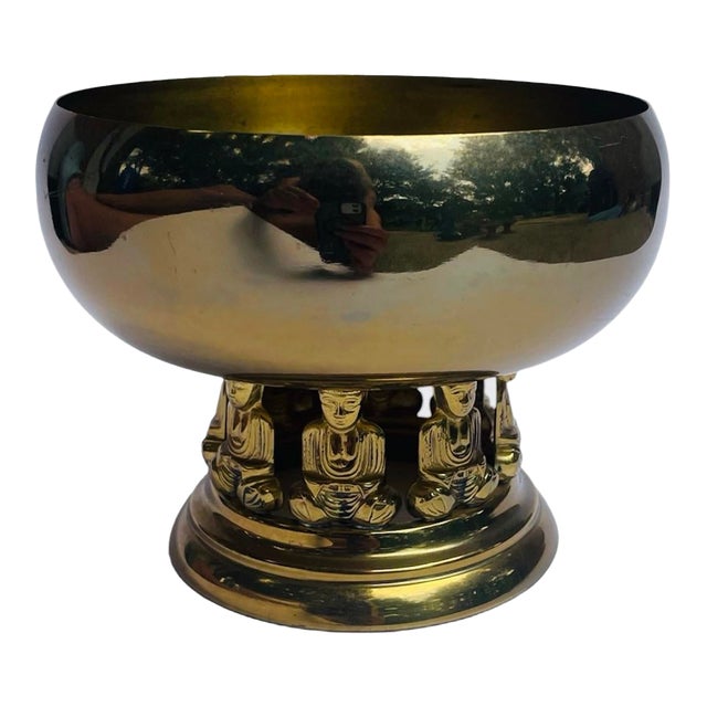 Vintage Polished Brass Bowl/Pot With Seated Buddha Figures For Sale