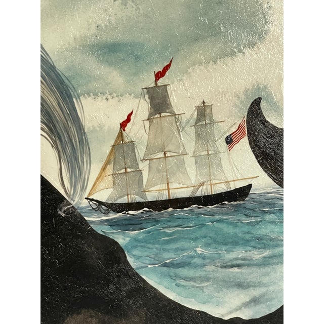 Sky Blue Whale & Sailing Ship Maritime Folk Art — 13” Hand-Textured Fine Art Print For Sale - Image 8 of 9