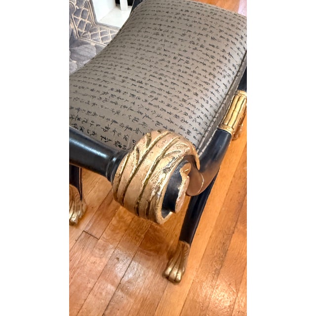 Vintage Maitland-Smith Neoclassical Black & Gilt Curule Bench With Asian Calligraphy Upholstery For Sale - Image 12 of 14