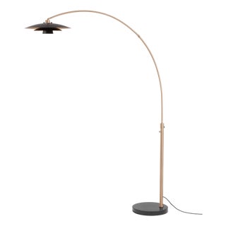 Rancho Mirage Float Arc Lamp - Weathered Brass, Fleur Matte Black/Gold Shade, Mid Century Floor Lamp, Dimmable For Sale