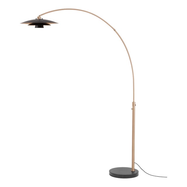 Rancho Mirage Float Arc Lamp - Weathered Brass, Fleur Matte Black/Gold Shade, Mid Century Floor Lamp, Dimmable For Sale