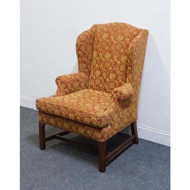 Henredon Henredon Furniture Traditional Gold & Terracotta Scrolling Demask Upholstered Accent Wingback Arm Chair For Sale - Image 4 of 10