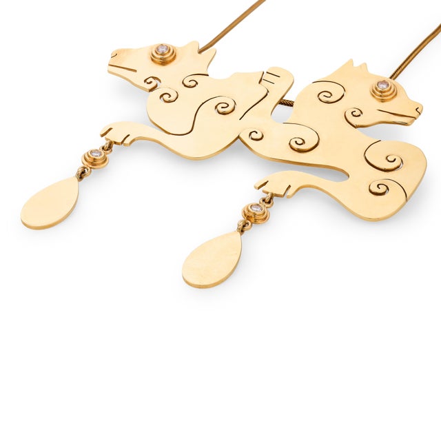 Vintage Diamond 14k Yellow Gold Double Dragon Pendant Necklace For Sale - Image 4 of 6