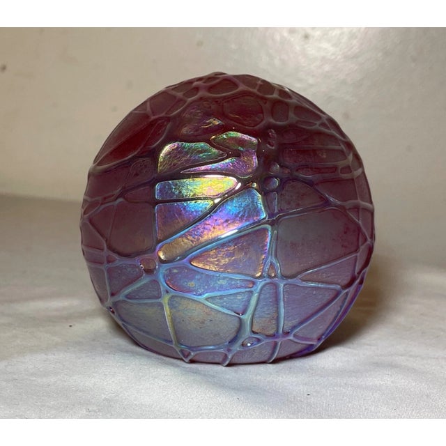 Obg Hand Blown Studio Aurene Relief Spider Web Iridescent Art Glass Paperweight For Sale - Image 4 of 12