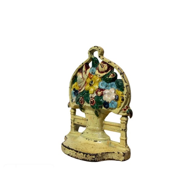 Early 20th Century Petite Painted Cast Iron Flower Basket Doorstop For Sale - Image 4 of 7