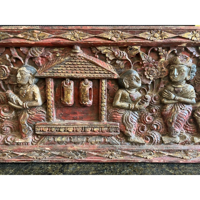 Antique Hand Carved & Painted Thai Wood Relief With Gilded Accents For Sale - Image 4 of 5