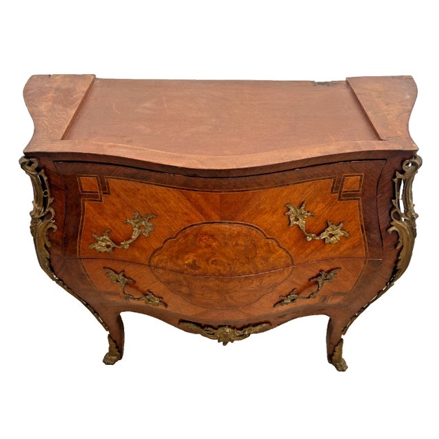 Antique French Bombe Nightstand, Commode Chest of Drawers, Inlays, Marble Top For Sale - Image 12 of 13