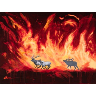 Out of the Flames by Robin Hextrum | Oil on Panel Depiction of deer escaping flames. For Sale