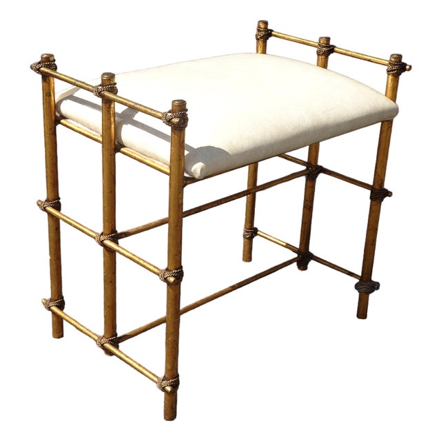 Vintage Hollywood Regency Gold Gilt Rope Metal Vanity Bench Stool For Sale