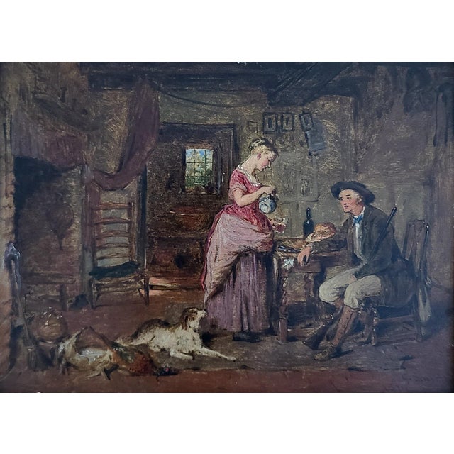 Rustic Antique 19th Century Oil Painting Rustic Cottage Interior Husband Wife & Dog For Sale - Image 3 of 12