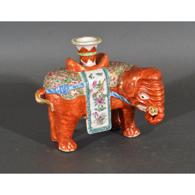 Ceramic Chinese Export Porcelain Canton Famille Rose Elephant Candlestick Circa 1860 For Sale - Image 7 of 11