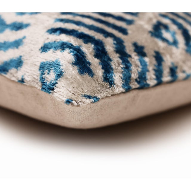 Blue Handmade Blue Ikat Silk Velvet Pillow 20x20 | Designer Accent Cushion For Sale - Image 8 of 8