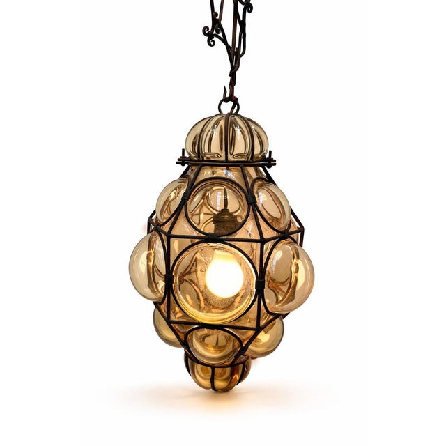 Vintage Amber Bubble Glass Pendant Lamp in Wrought Iron Frame For Sale - Image 3 of 3