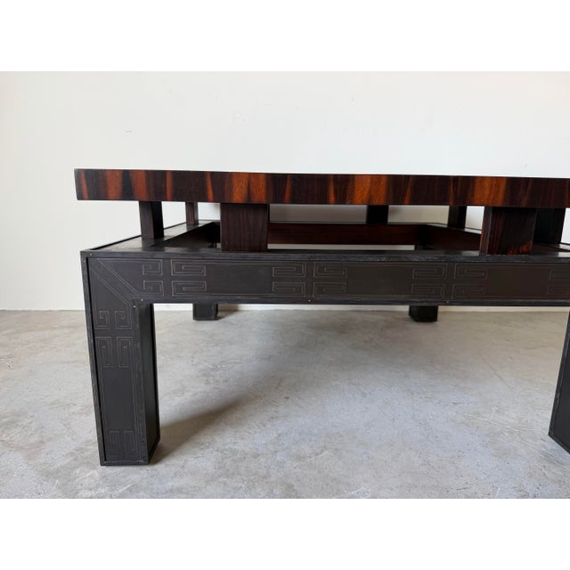 1980s Vintage Hollywood Regency Asian-Inspired Greek Key Bronze & Mahogany Square Coffee Table For Sale - Image 5 of 12