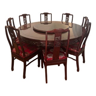 Dark Rosewood Dragon Oriental Table With Lazy Susan for 10 For Sale