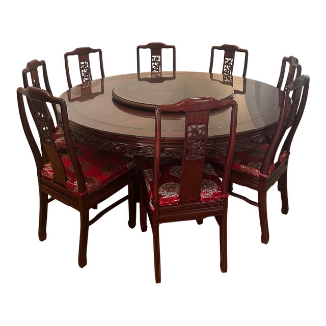 Dark Rosewood Dragon Oriental Table With Lazy Susan for 10 For Sale