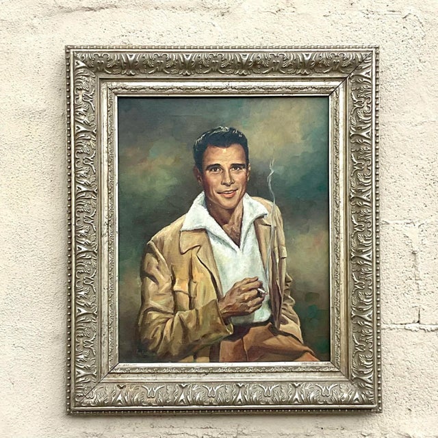 Vintage MCM Original Oil Portrait of Handsome Man For Sale - Image 9 of 10