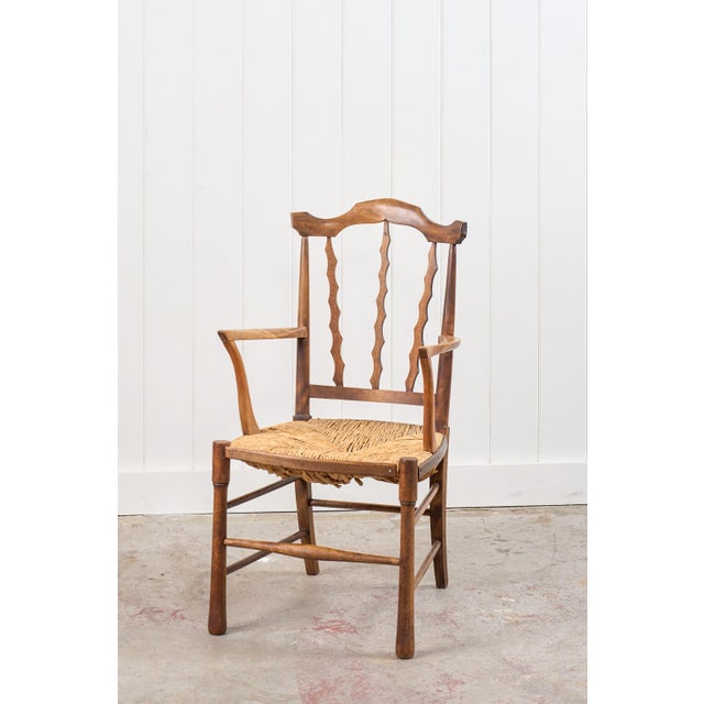 English Arts & Crafts Chair With Carved Back (Elm + Rush) For Sale - Image 3 of 5