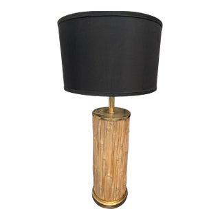 1960s Mid Century Bamboo Split Rattan Column Shaped Table Lamp With Brass Details For Sale