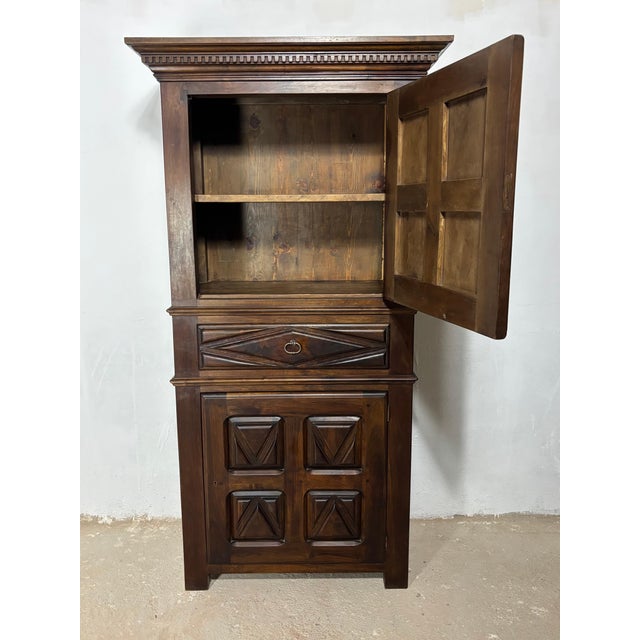Brown Early 20th Century Spanish Renaissance Style Walnut Cabinet with Geometric Carve For Sale - Image 8 of 14