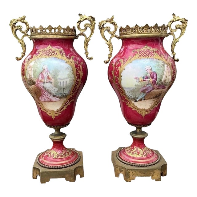 French Sèvres Porcelain and Gilt Bronze Vases, 1880, Set of 2 For Sale