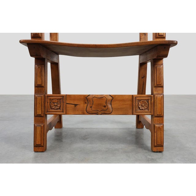 Brown Rustic Carved Oak Iberian Side Chair, Spain, 1900 For Sale - Image 8 of 15