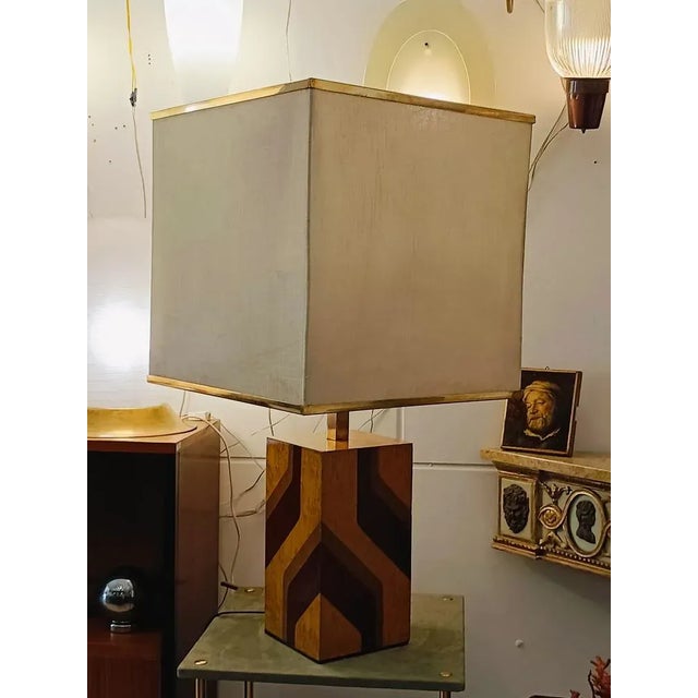 Vintage Hollywood Regency style table lamp, Italian manufacture, 1970s. Fabric shade with brass profiles. Excellent...