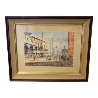 Mid 20th Century Venetian Piazza Watercolor For Sale