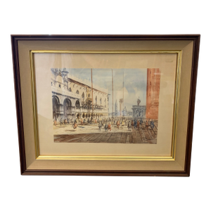 Mid 20th Century Venetian Piazza Watercolor