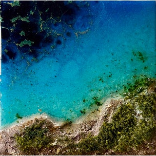 Flying Over the Ocean #10 by Ana Hefco | Layered tinted resin & Mixed Media on wood panel aerial view of ocean and shore For Sale