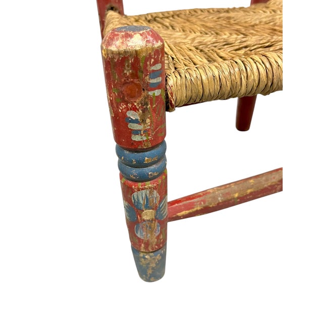 Early 20th Century Vintage Set of 2 Hand-Painted Rancho Monterey Mexican Folk Art Children’s Ladderback Chairs With Rush Seats For Sale - Image 5 of 14