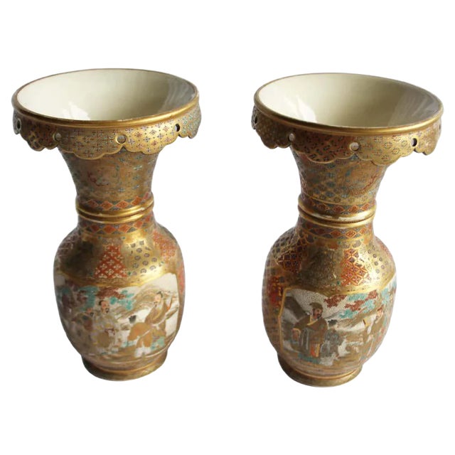 19th Century Japanese Meiji Period Satsuma Ceramic Vases with Geometric Design, Set of 2 For Sale