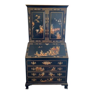 Maddox Chinoiserie Secretary Desk Decorated Mahogany- 2pc For Sale