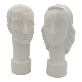 Art Deco Male and Female Portrait Bust Pair in Ivory Porcelain For Sale