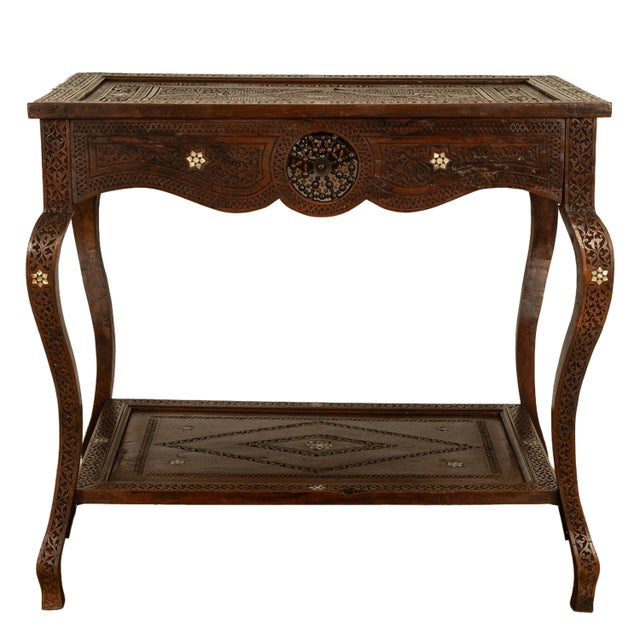 Late 19th Century Antique Islamic Moorish Arab Mother-of-Pearl Inlaid & Carved Table Damascus 1890 For Sale - Image 5 of 12