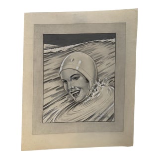 Original Signed Graphite Illustration of Smiling Female Swimmer in Bathing Cap, 10½ × 8½ In. For Sale