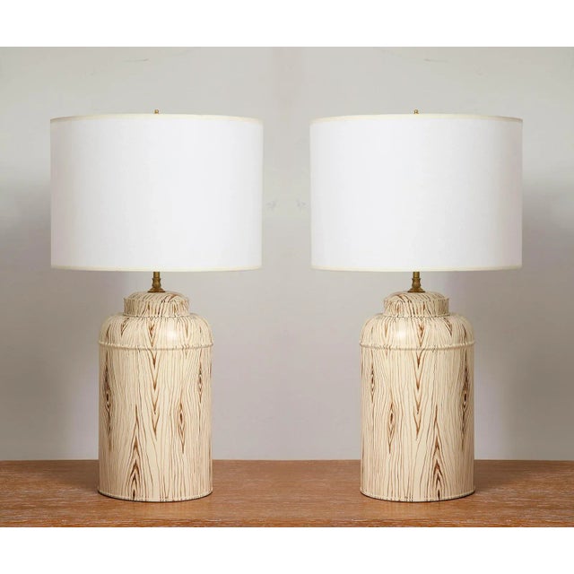 Bespoke Pair of Tole Faux-Painted Canister Lamps For Sale - Image 9 of 10