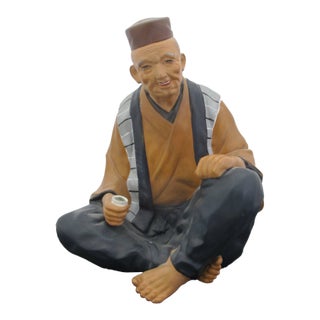 Japanese Hakata Urasaki Ceramic Doll Figurine of Man Drinking Tea For Sale